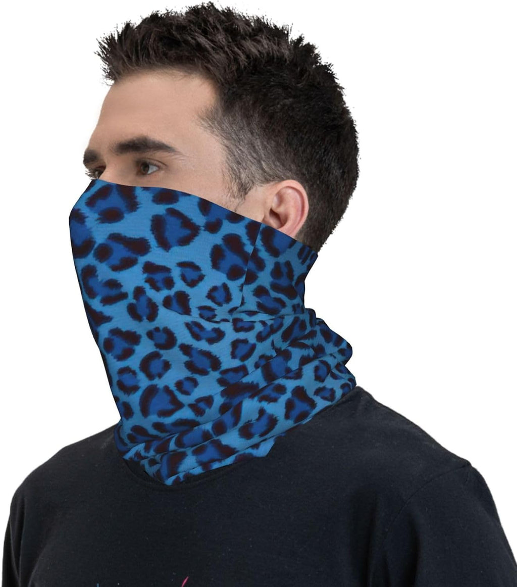Neck Gaiter Blue Polyester Leopard Print Seamless Breathable Face Mask for Outdoor Sports, Unisex