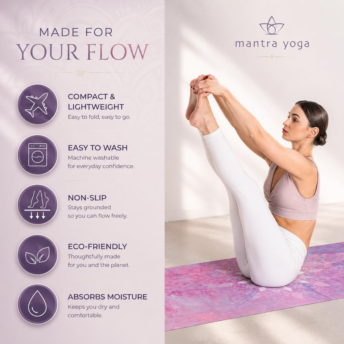 Mantra Yoga Travel PRO 1.5mm with Knee Pad - Foldable Fitness & Exercise Mat with Bag | Lightweight, Compact & Eco-Friendly | Non-Slip & Washable | For All Types of Yoga | 72" L x 24" W | 2.6 lbs