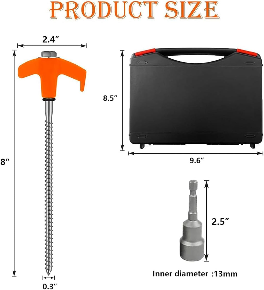 8" Heavy Duty Screw in Tent Stakes 12 Pack Drill in Ground Anchors