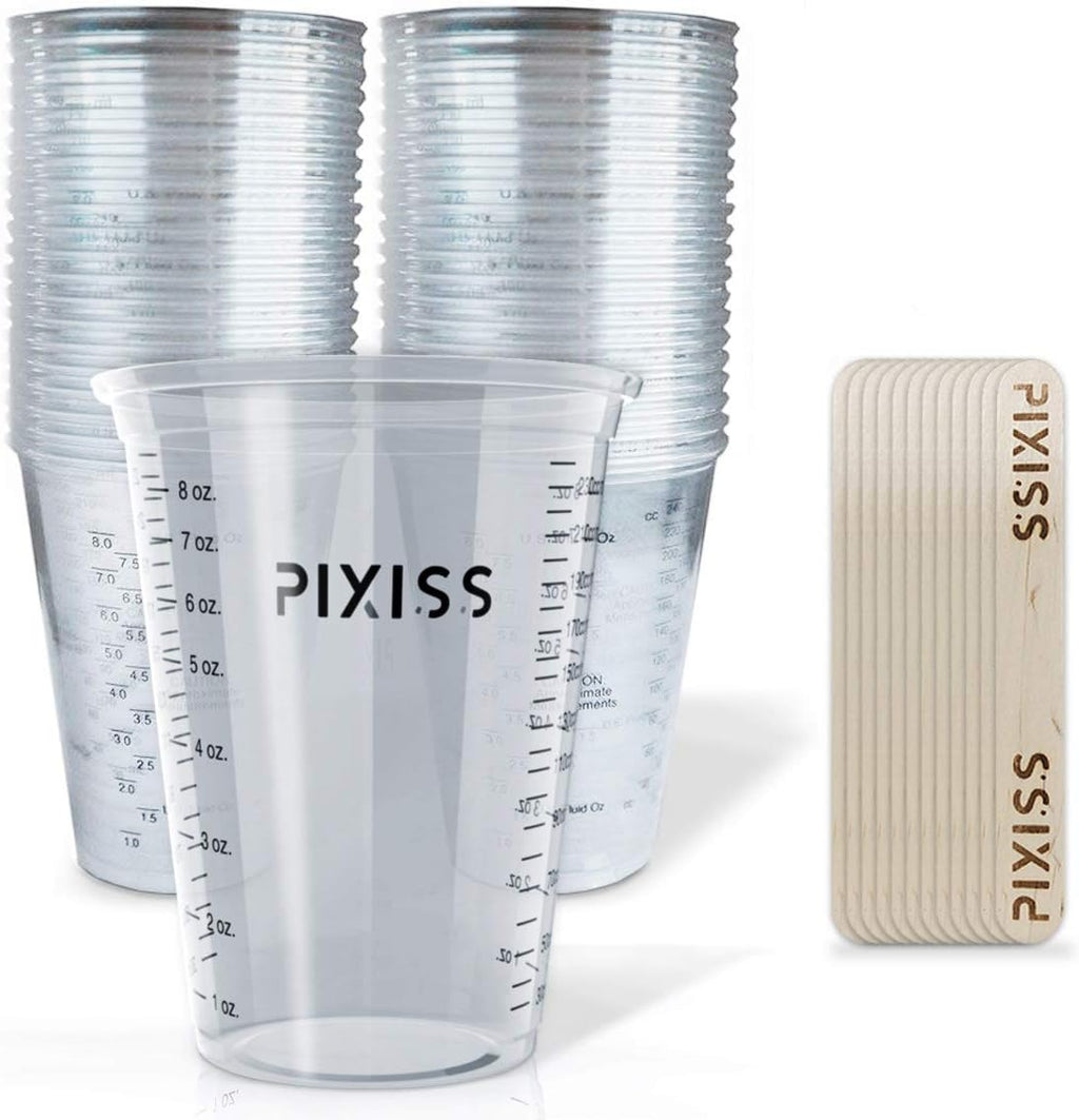 Pixiss Disposable Epoxy Resin Mixing Cups with Measurements (50-Pack) Mixing Cups for Mixing Containers, Epoxy Cups For Epoxy Measuring Cups - 20 Resin Mixing Sticks
