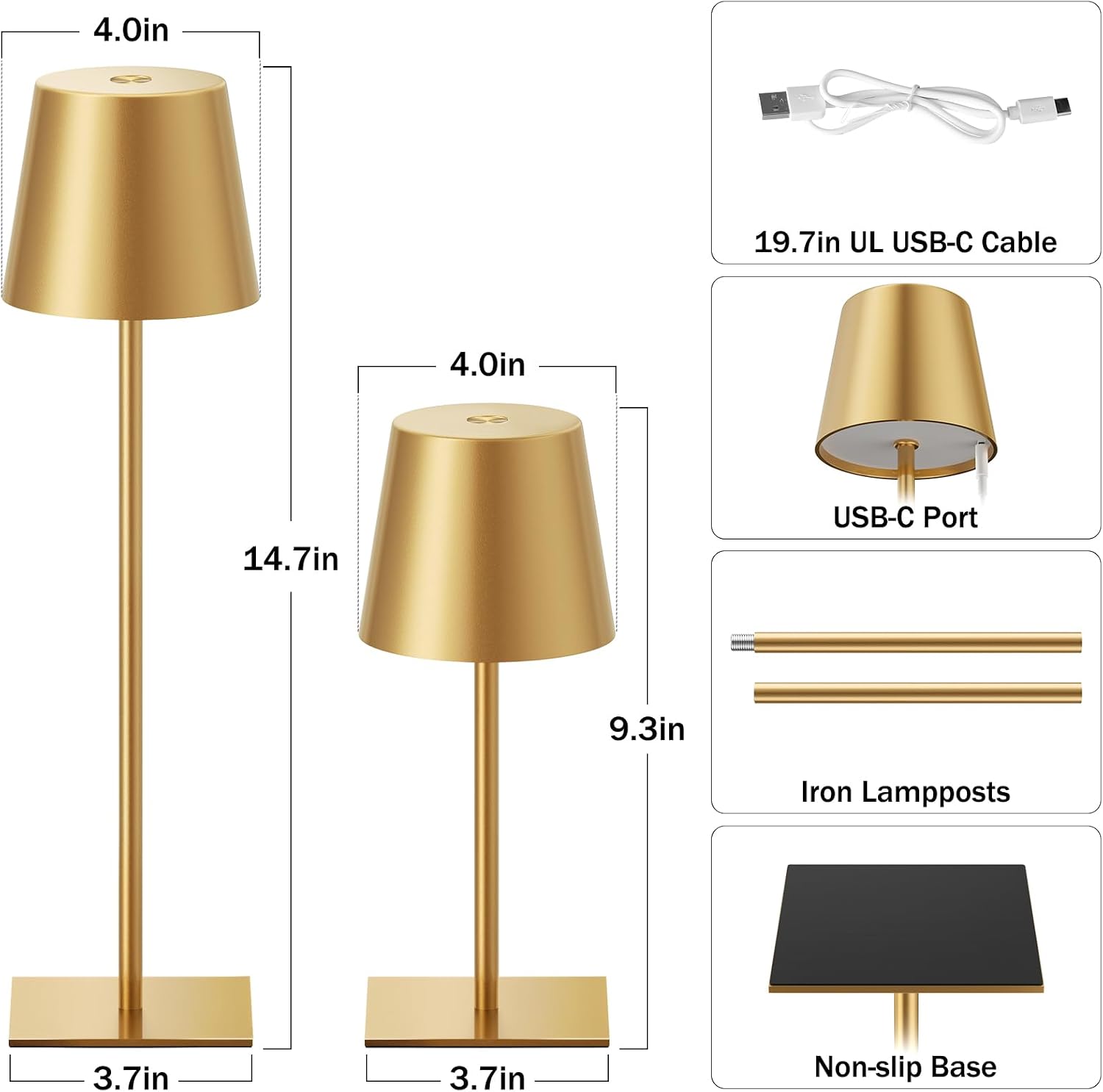 Kakanuo Gold Rechargeable Table Lamp, Cordless Battery Operated Lamp Set