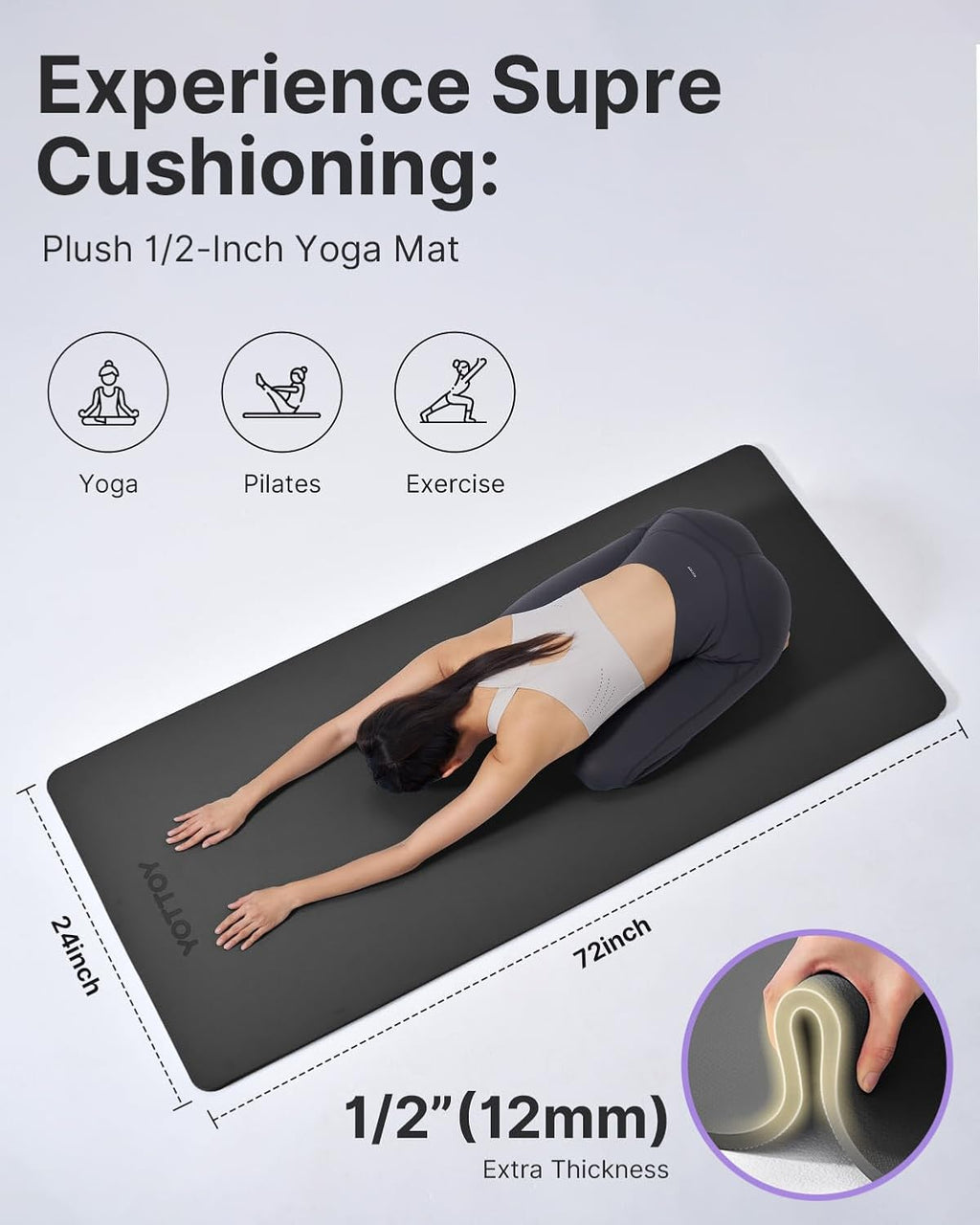 YOTTOY Yoga Mat，Extra Thick Yoga Mat (1/2inch),Professional TPE Exercise Mat,Non-Slip Workout Mat for Yoga, Pilates, Fitness, Barefoot Workouts, Home Gym Studio with Strap