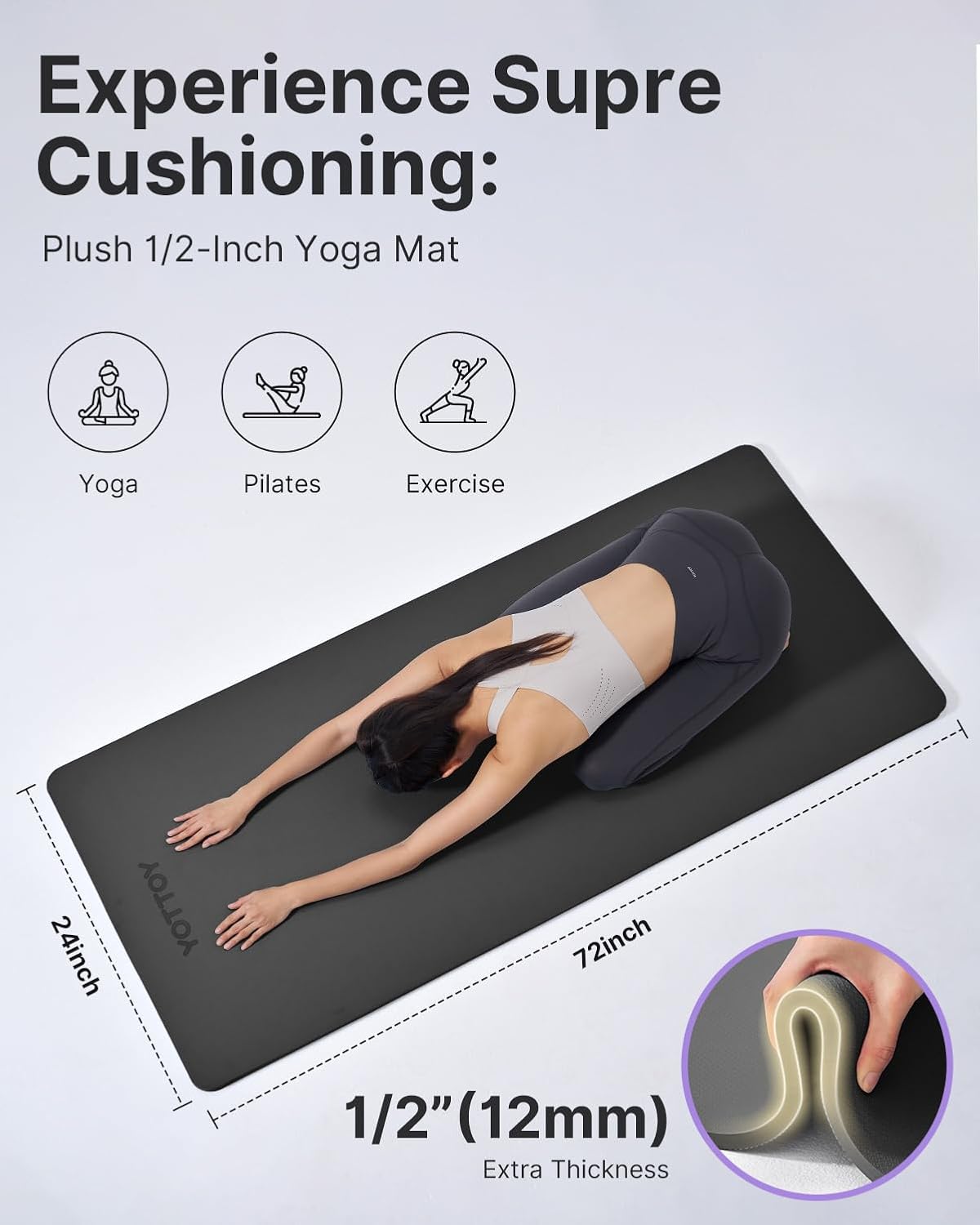 YOTTOY Yoga Mat，Extra Thick Yoga Mat (1/2inch),Professional TPE Exercise Mat,Non-Slip Workout Mat for Yoga, Pilates, Fitness, Barefoot Workouts, Home Gym Studio with Strap