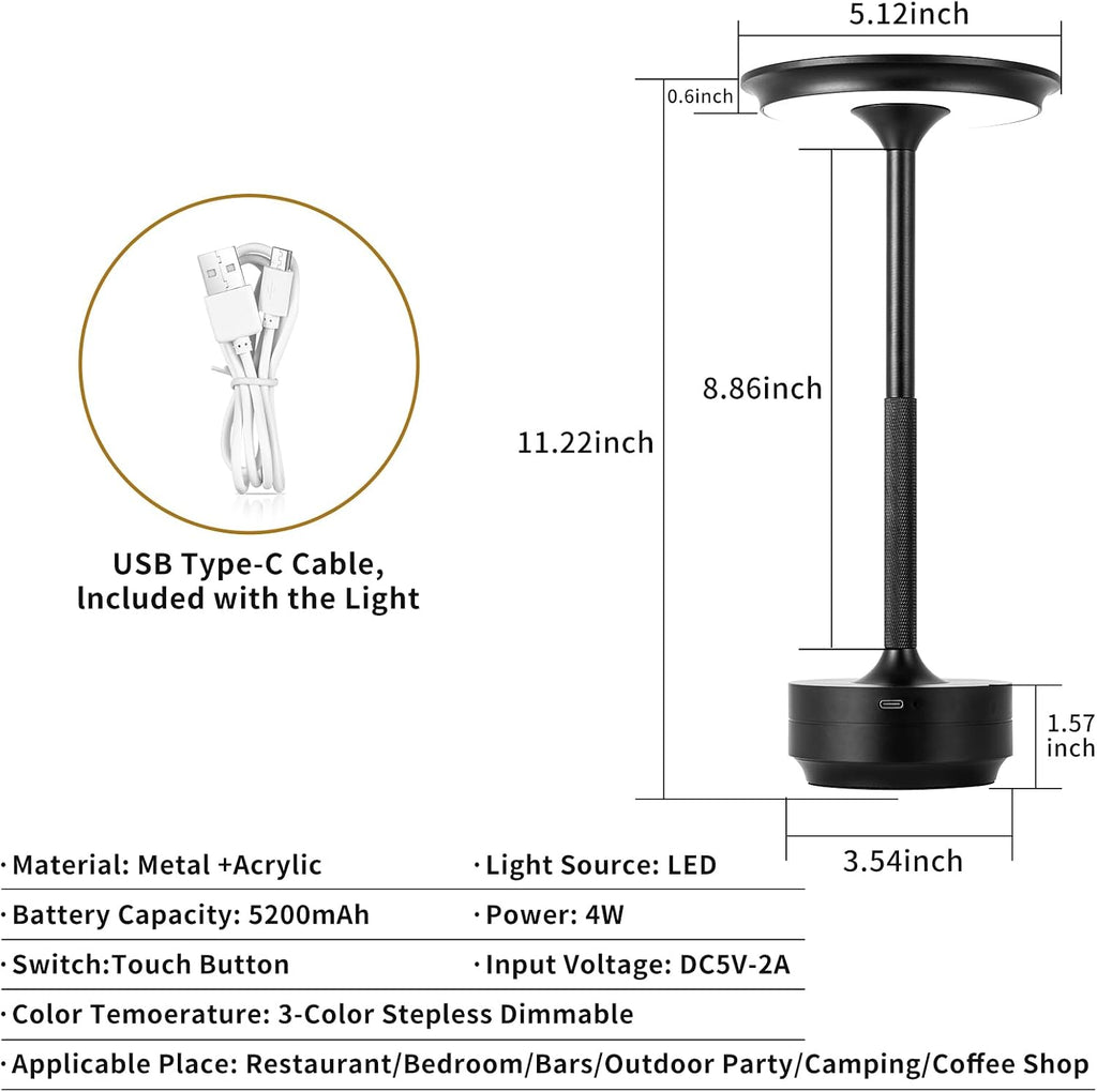 Rechargeable Cordless LED Table Lamps Touch Sensor Light, 3-Levels Portable Dimming Wireless Battery Operated Lamp，Nightstand Lamp/Night Light/Restaurant Table/Outdoor/Coffee/Bar (Black)