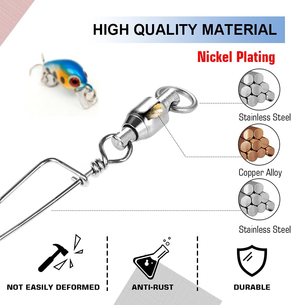 Atibin Heavy Strength Fishing Swivel Snaps Bearing Freshwater Swivels Fishing Stainless Steel Connector Fishing Snap Saltwater White Nickel
