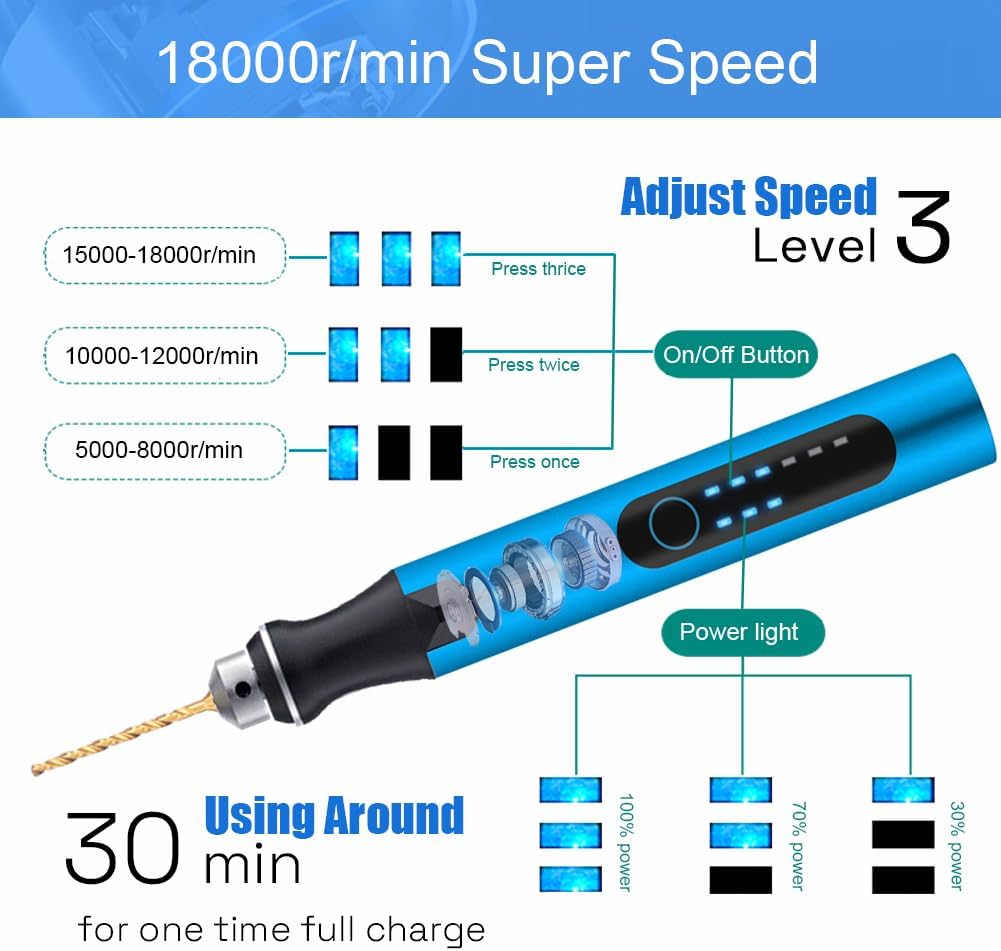3-Speed Cordless Mini Drill Pen With 10 Small Drill Bits,Rechargeable Electric Hand Drill Pin Vise,Resin Drill Set For Jewelry Making, Resin, Plastic, Wood, Keychains DIY (BLUE)