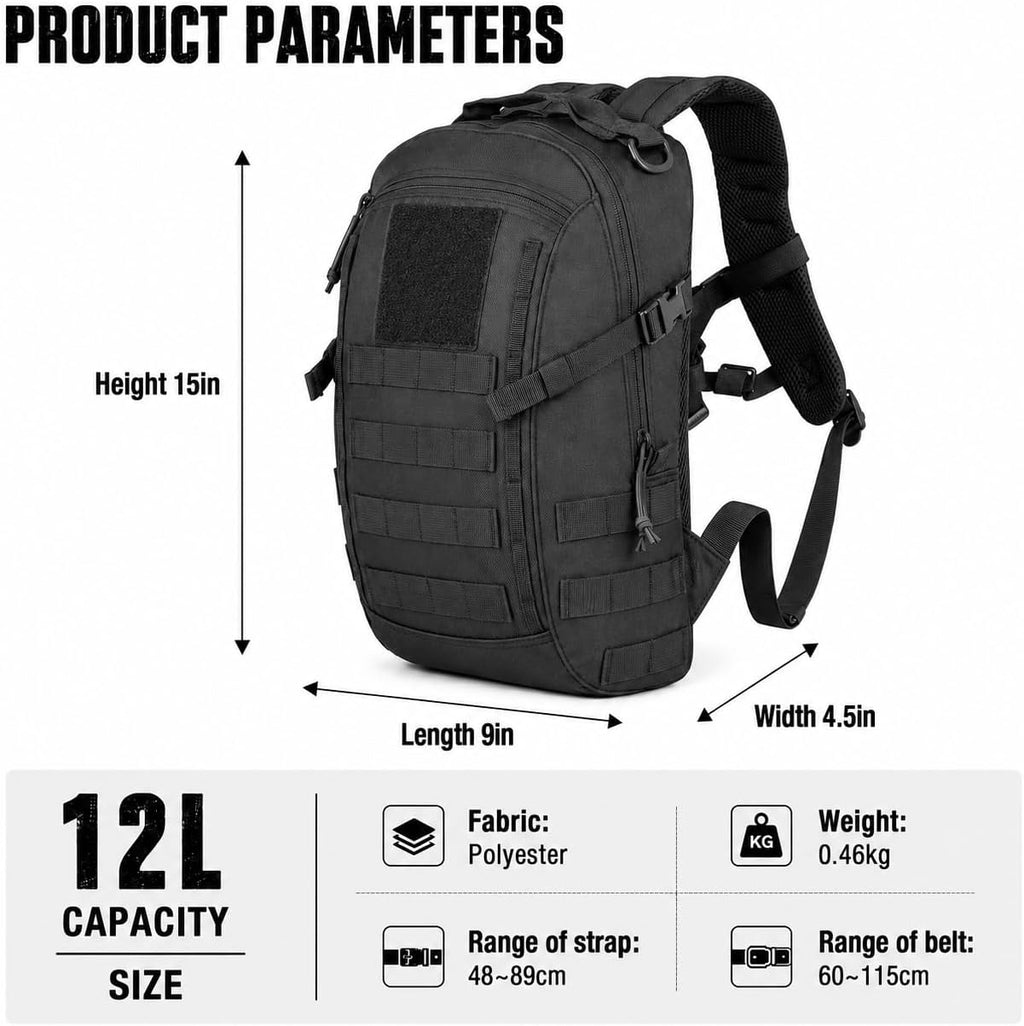Small Tactical Hiking Backpack, 12L MOLLE Bookbag Daypack for Travel