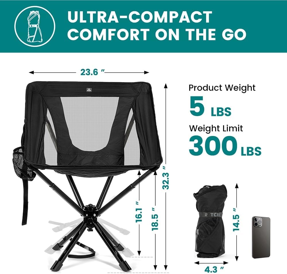 TCEK Portable Camping Chair - SwivelCore 180 Swivel & Auto-Return, Small Compact Lightweight Folding Chairs for Adults, Outdoor Backpack Chair for Adventures, Setup in Seconds, Support 300 LBS