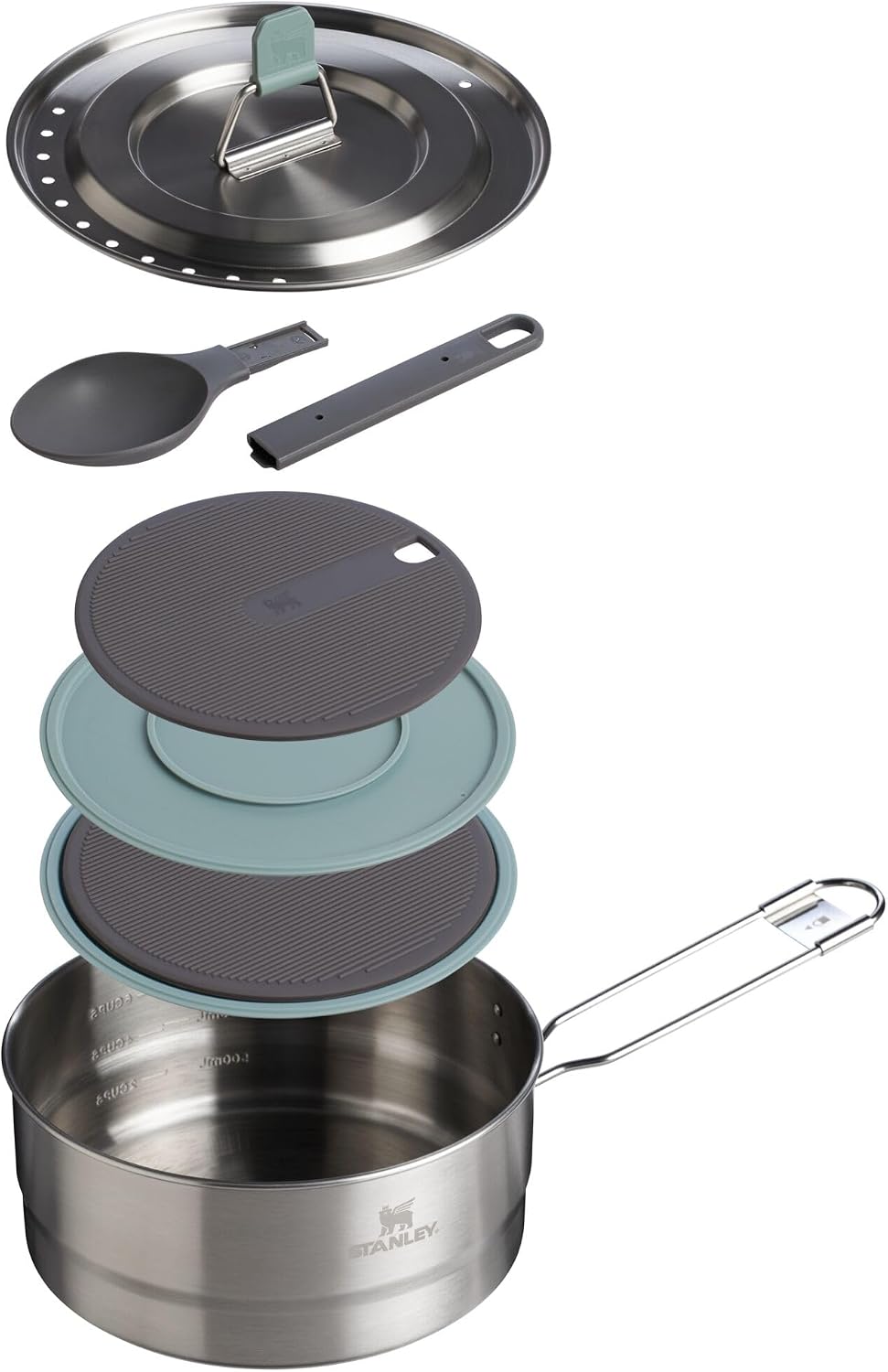 Stanley Wildfare Core Saucepan Cookset | 6-Pc Stainless Steel Cookware | 2qt Saucepan w/Lid, Cutting Board, Trivet & Spoons | Induction Cookware | Camping Essentials