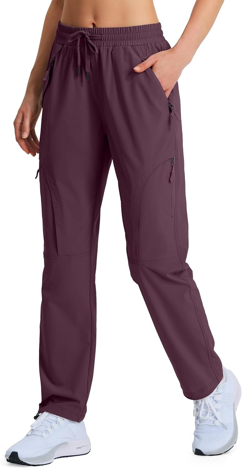 Hugut Women's Lightweight Hiking Cargo Safari Pants with Zipper Pockets | Quick-Dry, UPF 50+, Water-Resistant Stretch Nylon with Elastic Waist, for Golf Travel Work Camping Fishing and Outdoor