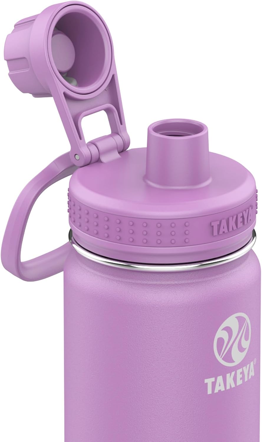 Takeya Actives Stainless Steel Water Bottle, Insulated Spout Lid, Keeps Drinks Cold 24 Hrs, Leakproof, Durable, Dishwasher Safe, Ideal for Gym, Travel, Fits Most Cup Holders, 24 oz/Lilac
