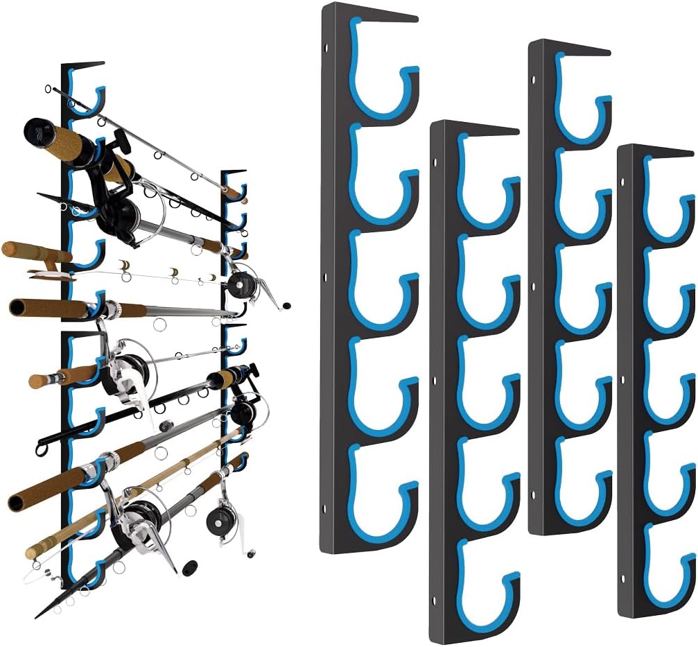 2-Pack Fishing Rod Holder 5-Slot Fishing Pole Rack, Wall or Ceiling Mount Heavy-Duty Organizer; Space-Saving for Garage, Tackle Room, Boat Storage，Black-Blue