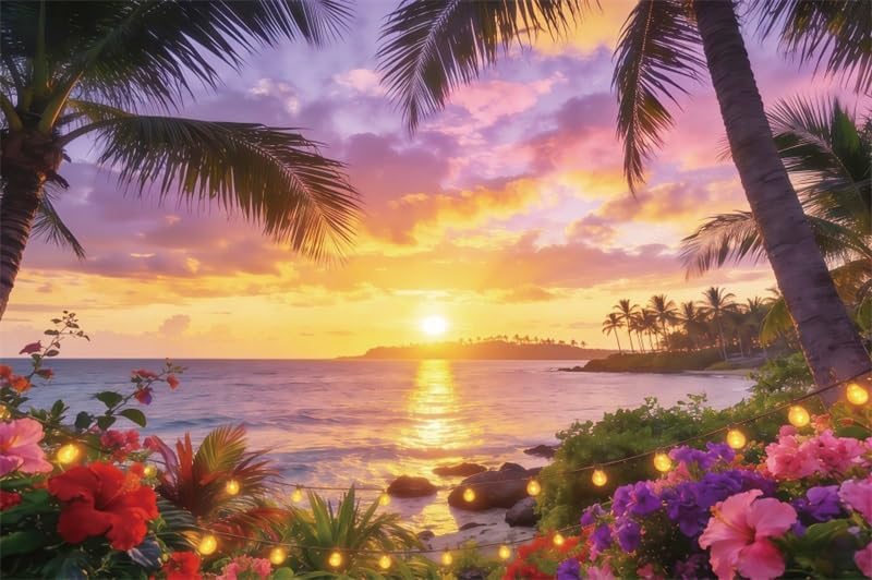 Summer Hawaii Beach Backdrop 10x8ft Tropical Luau Seaside Sunset Palm Flower Photography Background for Summer Holiday Travel Birthday Wedding Party Decoration Supplies Banner Photo Props