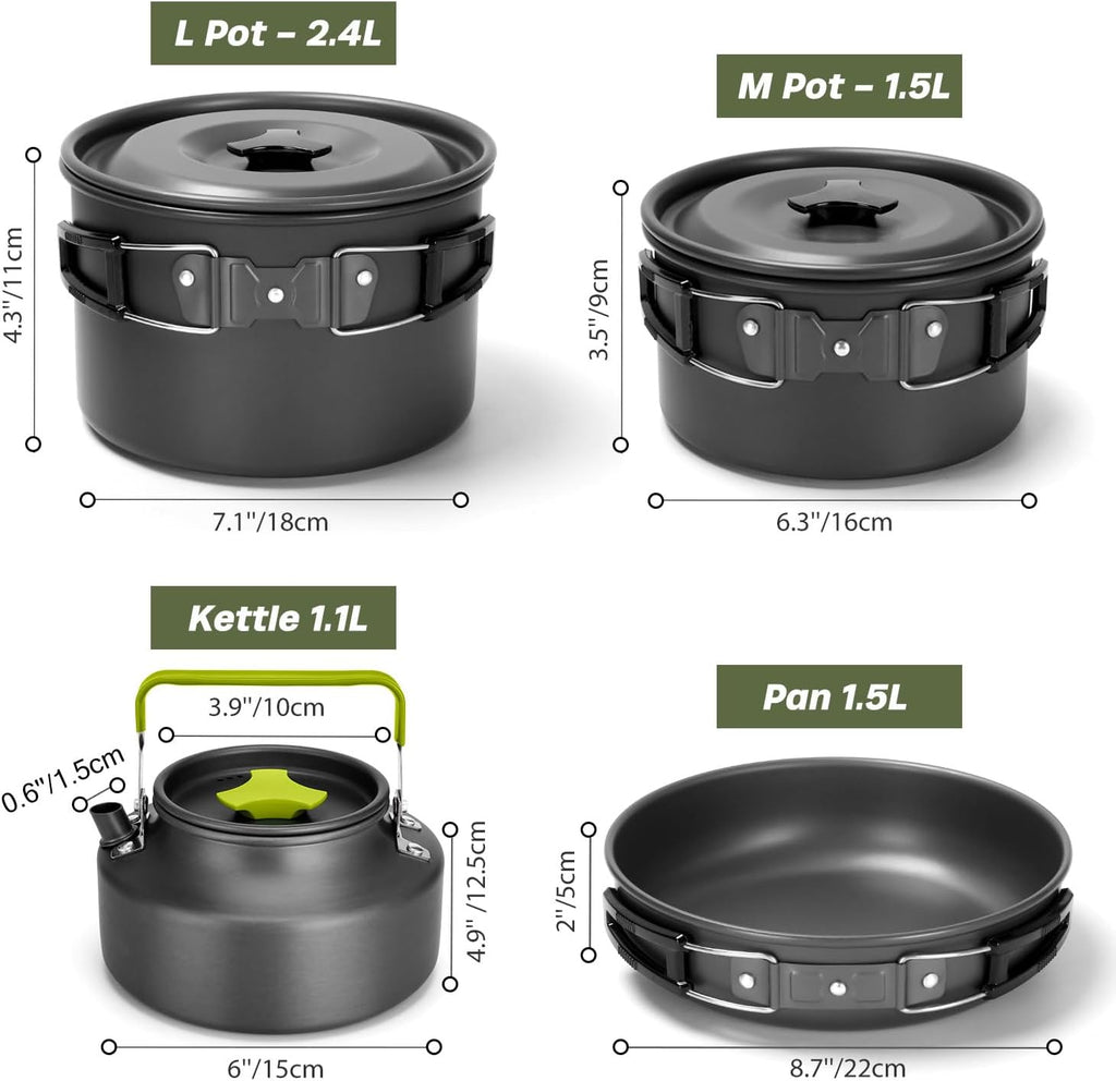 Odoland 29pcs Camping Cookware Mess Kit, Non-Stick Lightweight Pots Pan Kettle, Collapsible Water Container and Bucket, Stainless Steel Cups Plates Forks Knives Spoons for Outdoor Backpacking Picnic
