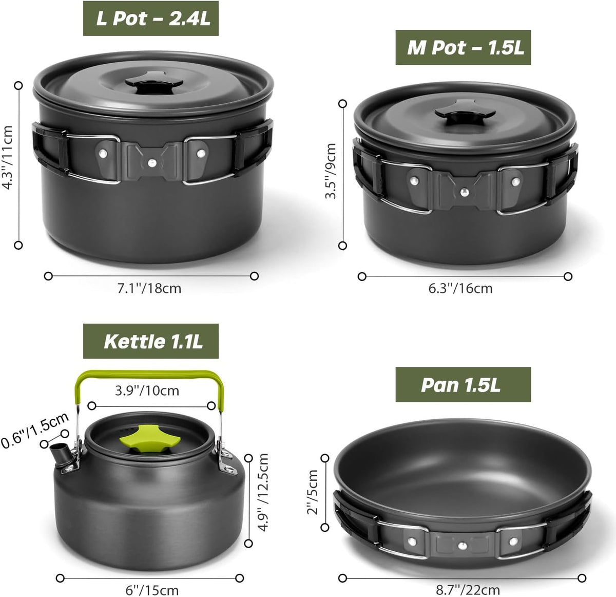 Odoland 29pcs Camping Cookware Mess Kit, Non-Stick Lightweight Pots Pan Kettle, Collapsible Water Container and Bucket, Stainless Steel Cups Plates Forks Knives Spoons for Outdoor Backpacking Picnic