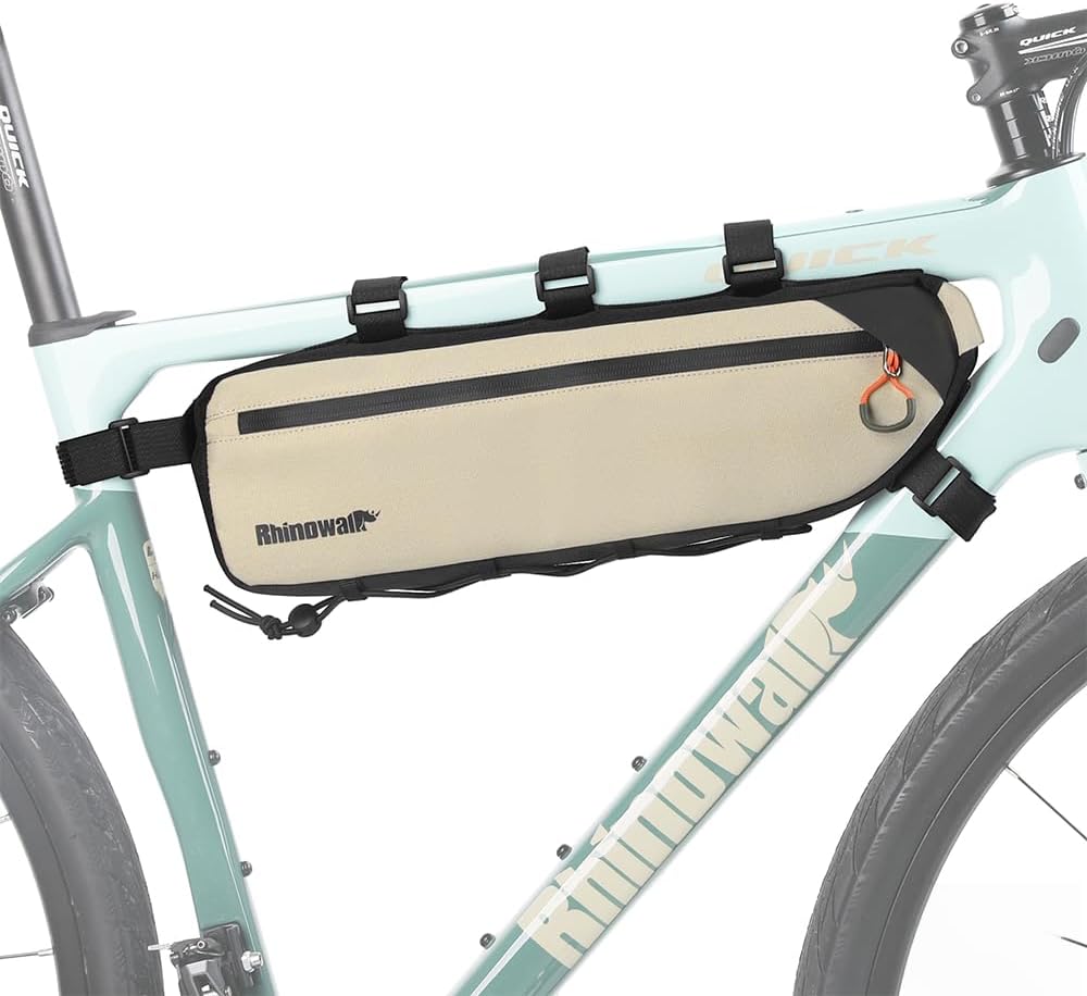 Rhinowalk Bike Frame Bag Waterproof, Top Tube Bicycle Bag with Side Compartments, Pump Holder, and Hidden Cable Port, (2.7L, Beige)
