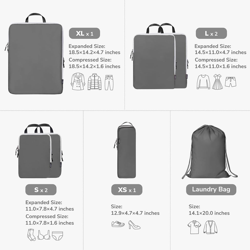 CherryNow 7 Set Compression Travel Packing Cubes for Suitcases, Grey