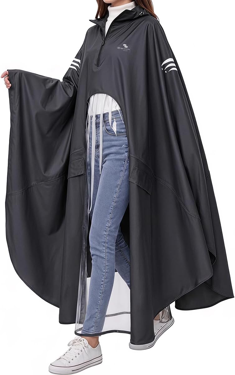 Rain Poncho Waterproof Full Body Long Hooded with Double-Face Visor Mask, Packable Raincoat for Cycling, Hiking