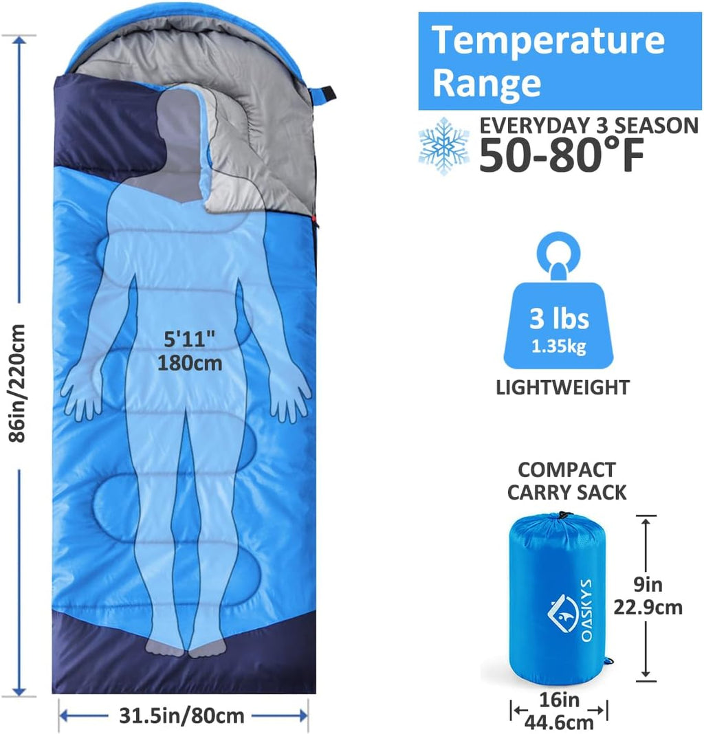 oaskys Camping Sleeping Bag - 3 Season Warm & Cool Weather - Summer Spring Fall Lightweight Waterproof for Adults Kids - Camping Essentials Gear Accessories Hiking Sleep Must Haves