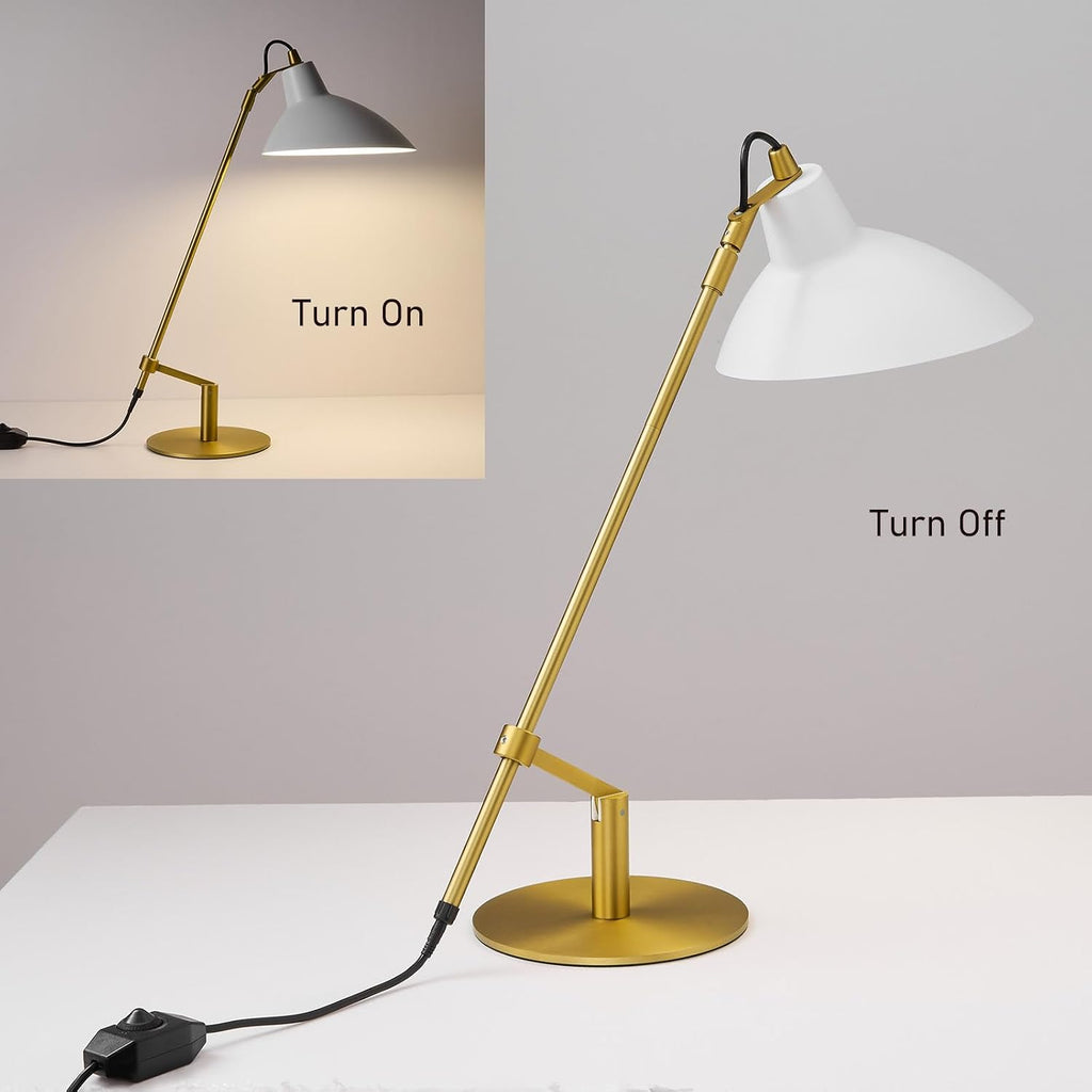 Desk Lamp Modern Industrial 100% Metal Adjustable Table Lamp 24", Natural Light (4000K) with Dimmer, Ideal for Office Bedroom Study Room Living Room Nightstand Bedside Lamps White+Brass