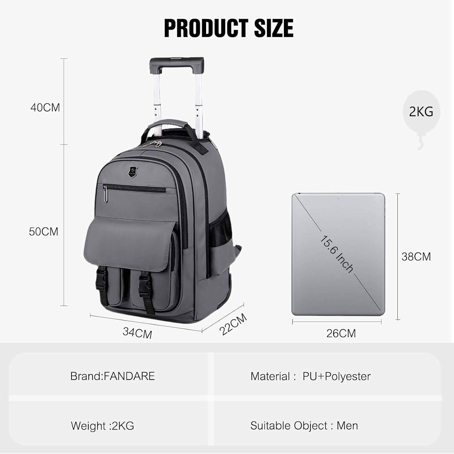 FANDARE Rolling Laptop Backpack Convertible Luggage Backpack with Wheels Travel Daypacks Multi-Functional Carry-On for Business Trip Men Lifestyle Outdoor Urban Waterproof PU Film Backpacks Blue