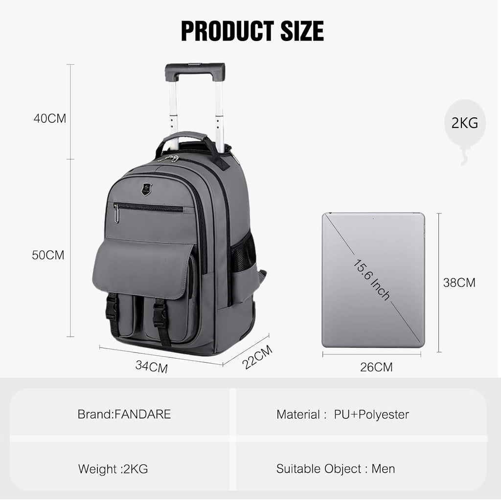 FANDARE Rolling Laptop Backpack Convertible Luggage Backpack with Wheels Travel Daypacks Multi-Functional Carry-On for Business Trip Men Lifestyle Outdoor Urban Waterproof PU Film Backpacks Grey