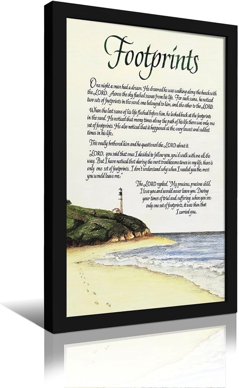 Footprints in the Sand Religious Canvas Wall Art Posters, Inspirational Beach Sunset Poem Print Poster (Black Framed 16x24inch, Footprints(5))