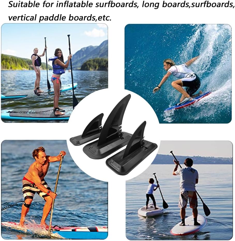 LOOEEL 3PCS Surfing Fins, Inflatable Paddle Board Fins, 1 PCS 7-inch and 1 Pairs 4-inch Center Fin with Base,Detachable Fin Dock Tail Fin for Long Board Paddle Board Surfboard Surfing Kayak Fin-Black