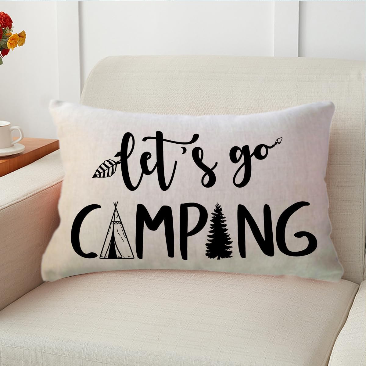 Adventure Camper Decorative Lumbar Pillowcase Double-sided Let’s Go Camping/Adventure Awaits Throw Pillow Covers Cabin/Camper Cushion Covers 12x20,2Pack for Sofa/Couch/Porch (Beige)