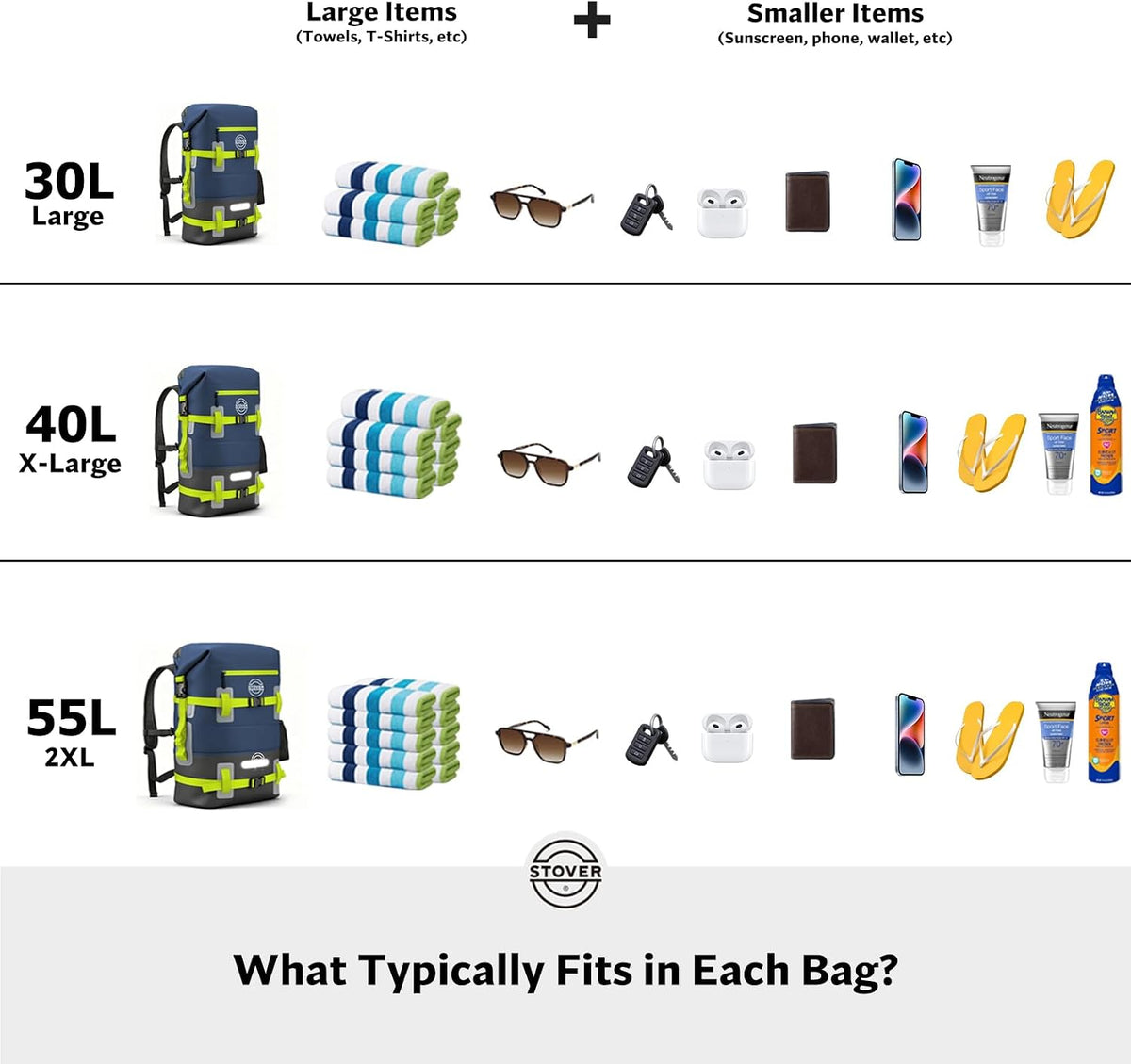 STOVER 30/40/55L Waterproof Dry Backpack & Phone Case- X-Large Floating Dry Bag for Kayaking, Travel, Hiking, Fishing, Camping, Motorcycles & Beach, Heavy-Duty Roll Top Men/Women (Grey)