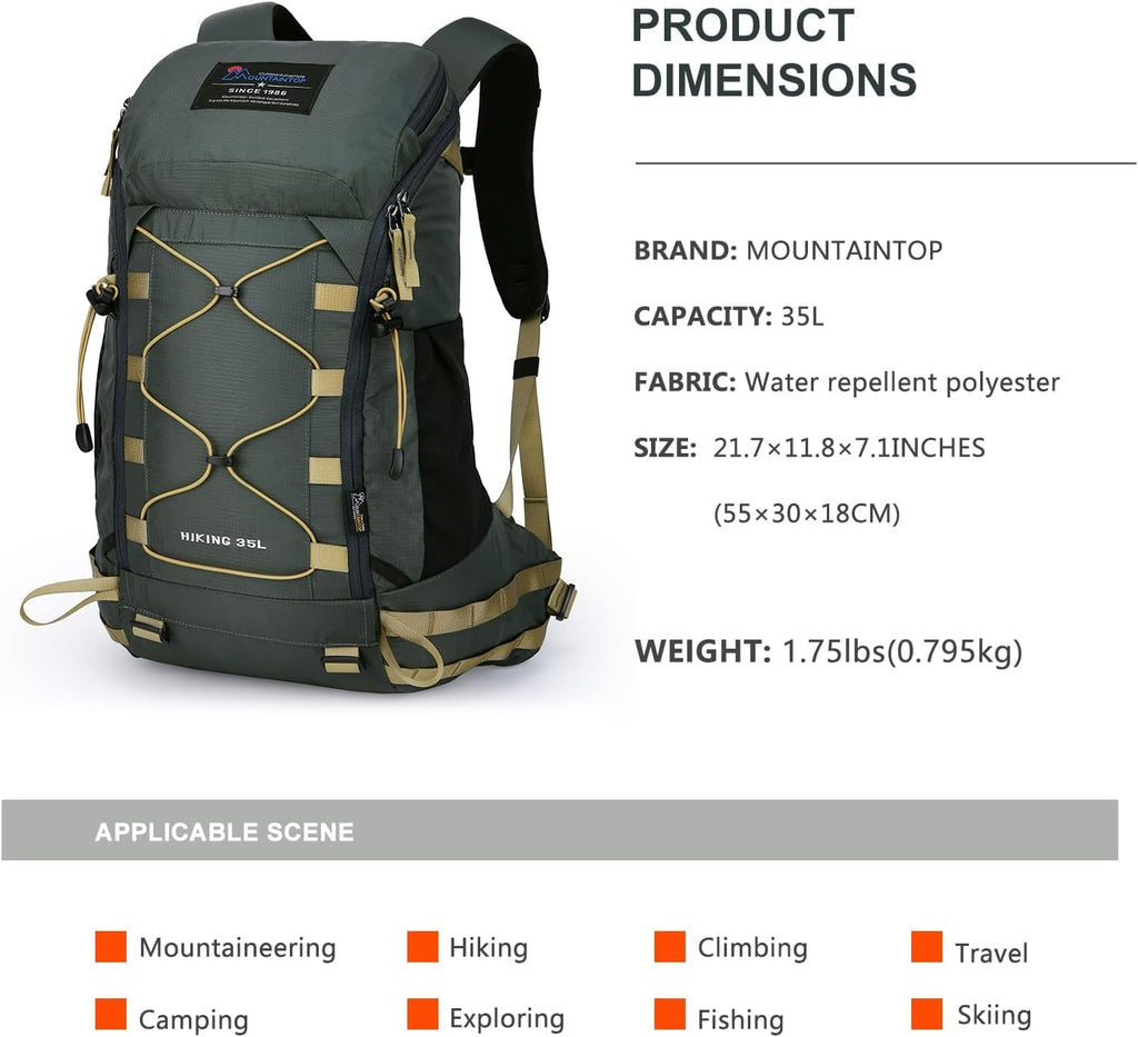 MOUNTAINTOP 35L Hiking Backpack, Lightweight Daypack with Rain Cover