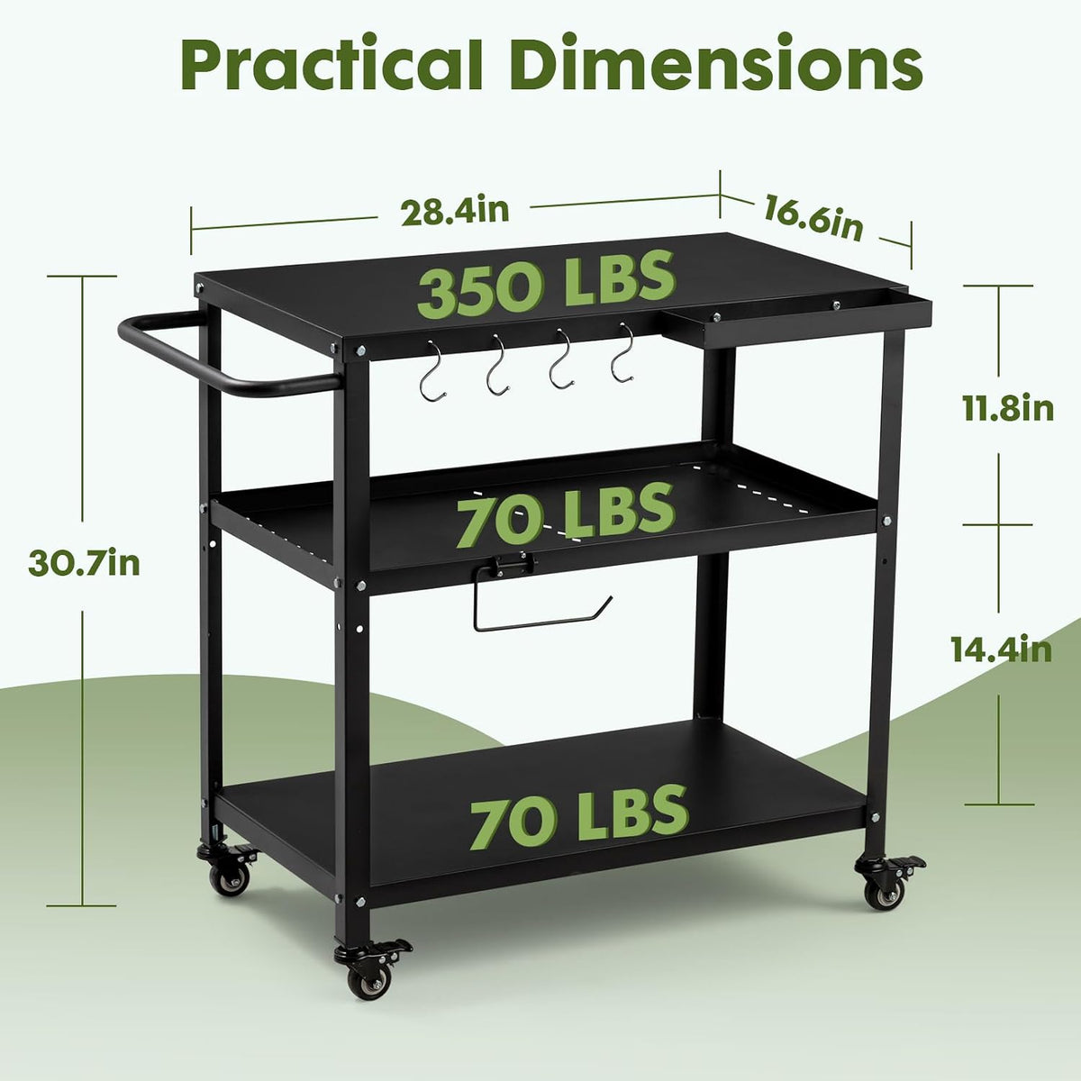 Outdoor Grill Cart Table, Pizza Oven Stand with Casters, Black