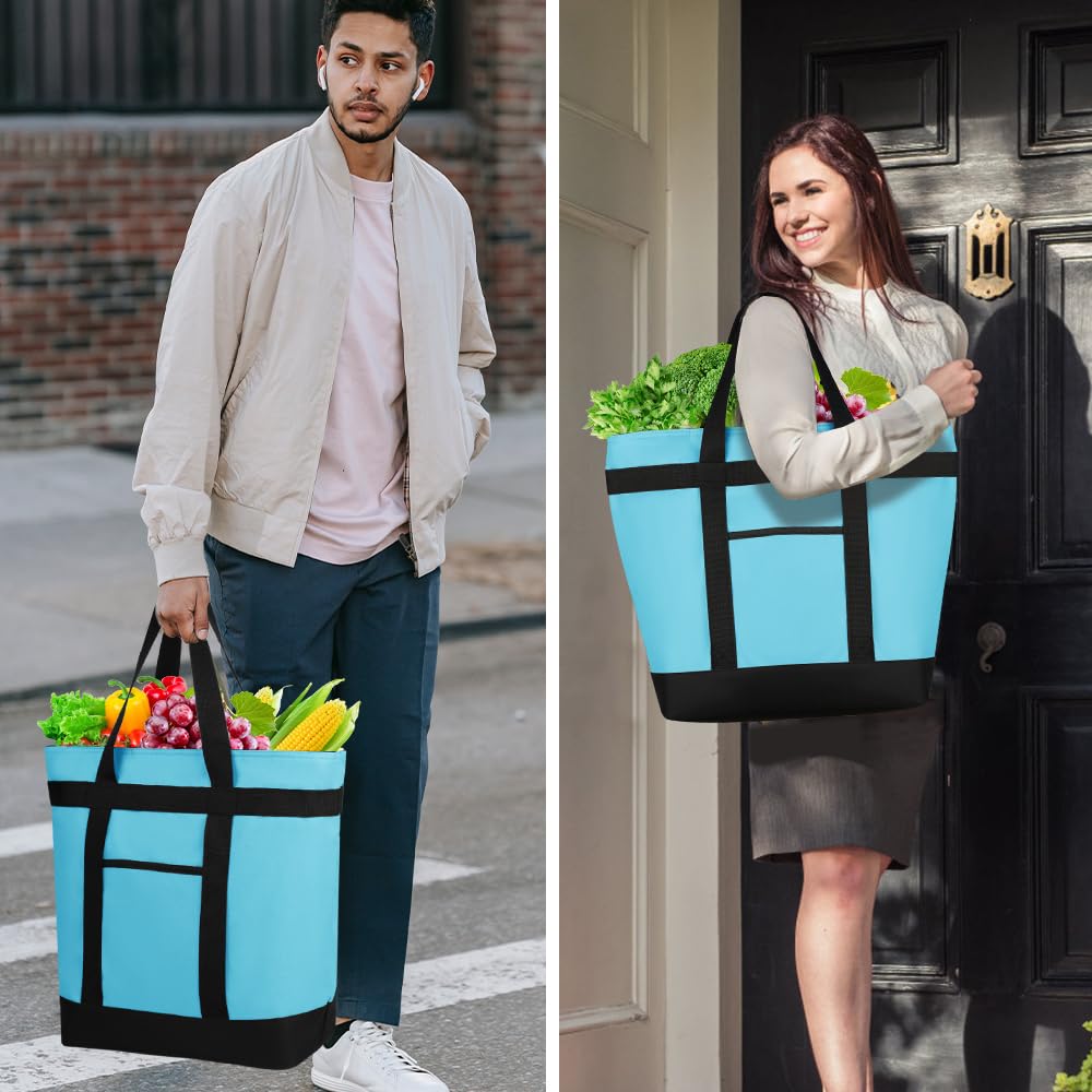 Insulated Reusable Tote Bag for Grocery Shopping for Women/Men, Pizza/Food Delivery Bag to Keep Food Cold/Hot for Commercial Food Transport, Cooler bags for Travel/Beach/Picnic, Blue
