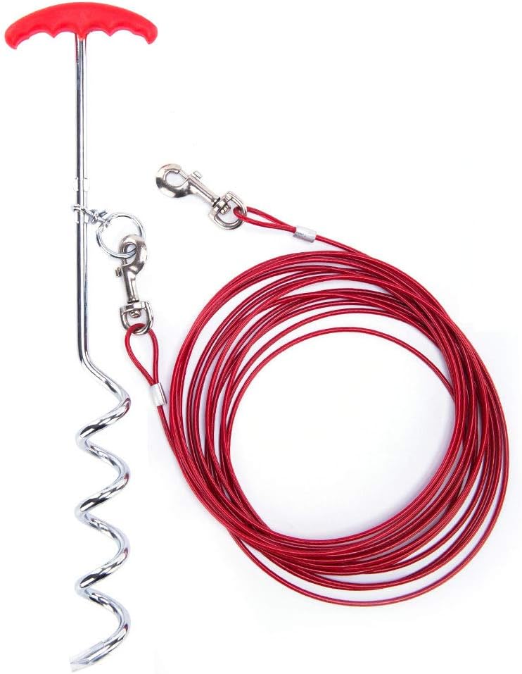 Dog Tie Out Cable and Stake 30 ft Outdoor, Yard and Camping, for Small to Medium Dogs Up to 60 lbs, 16" Stake, 30 ft Cable Runner for Yard