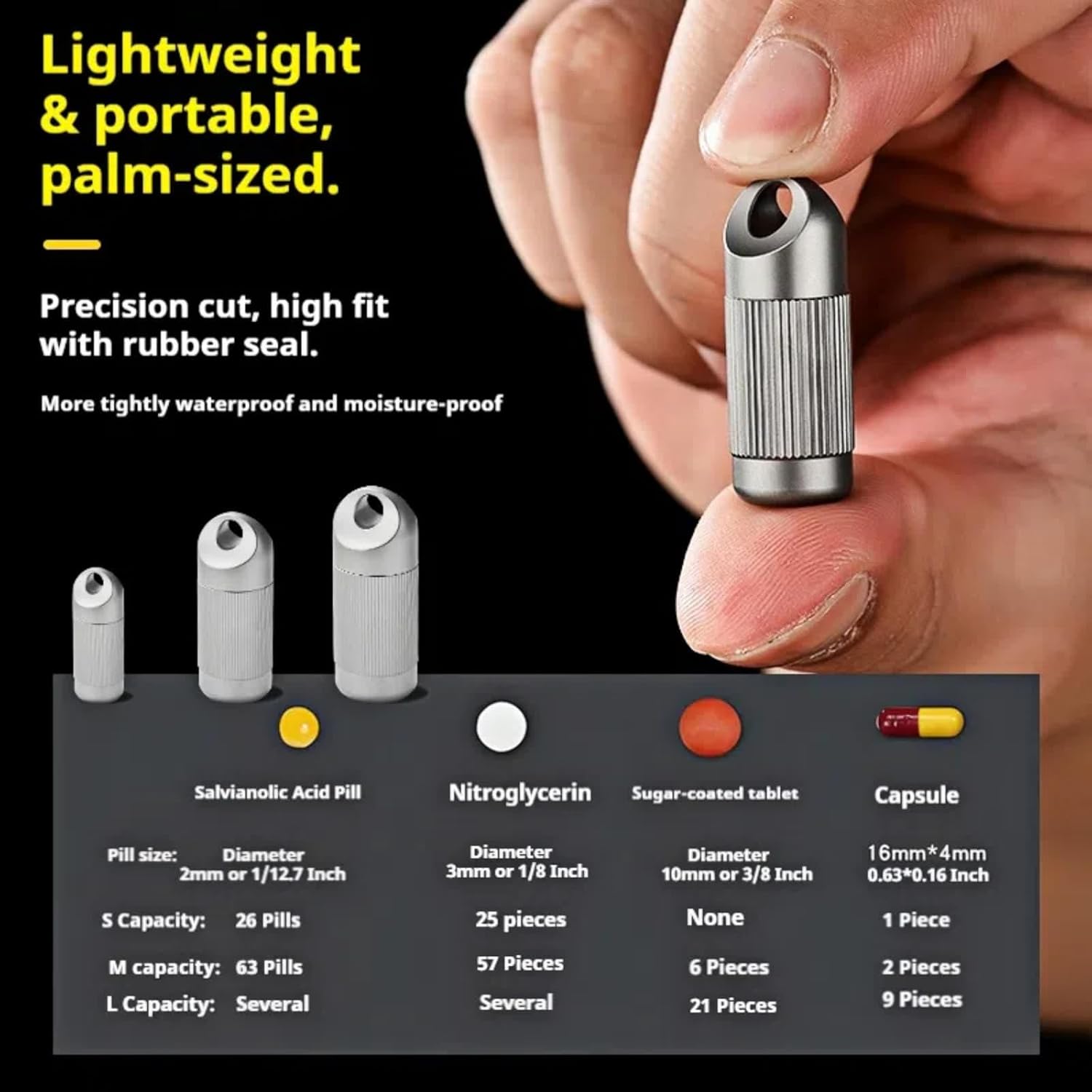 Titanium Alloy Sealable Portable Pill Organizer Keychain Pill Holder Lightweight Travel Pill Box with Hanging Hole for Outdoor Emergency and Daily Use(Large)