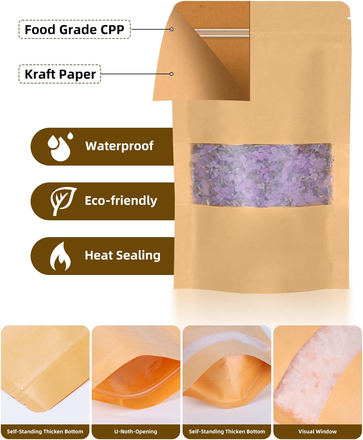 50pcs Kraft Bags with Window 7.1x10 Inches Brown Reusable Sealable Zip Lock Food Storage Stand up Paper Pouches for Home or Business