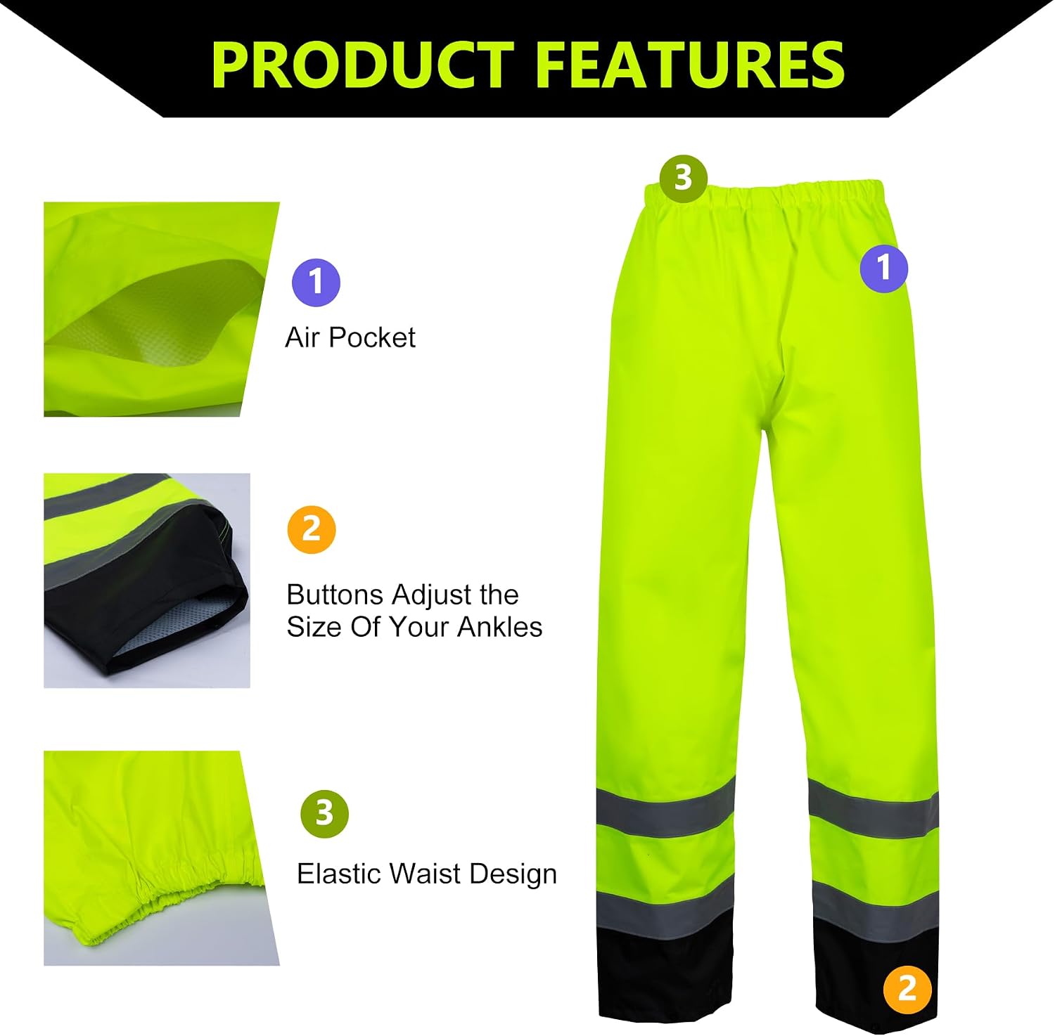 Class 3 High Visibility Rain Suit With Detachable Hood Waterproof Lime Reflective Safety Worker Jacket & Pants (L/XL Yellow)