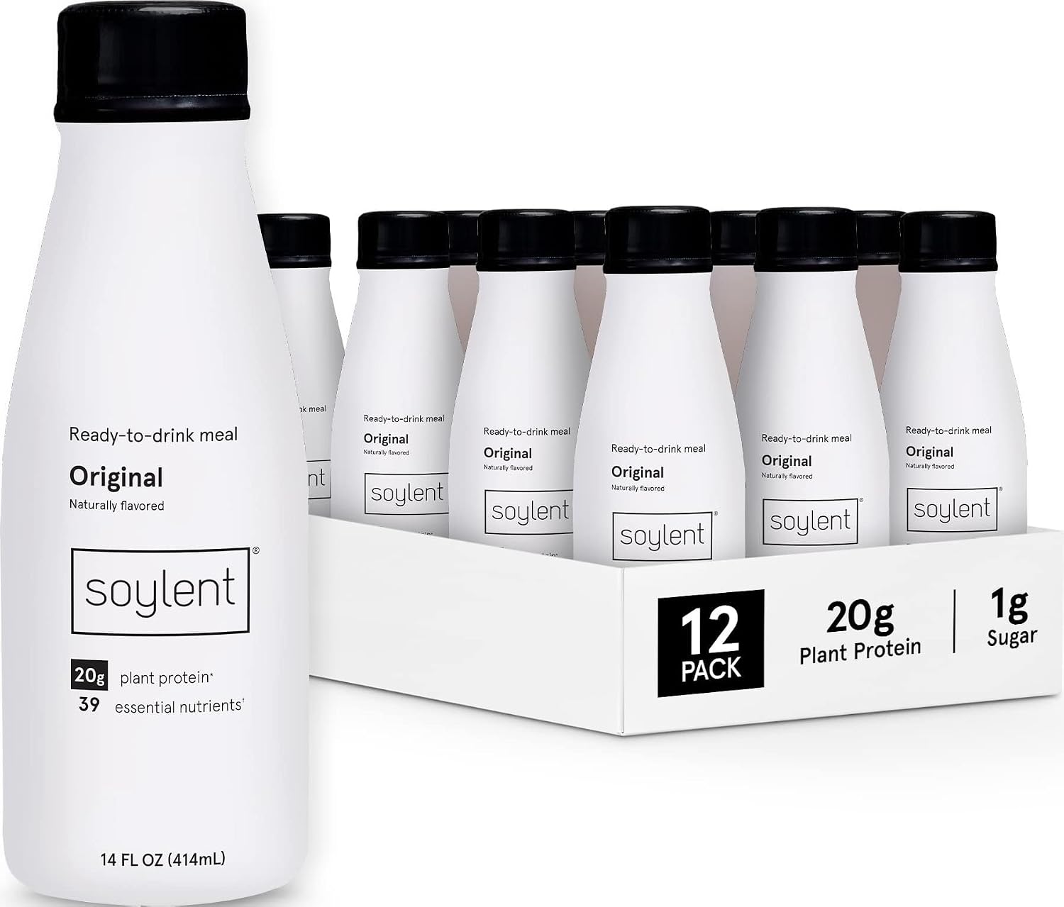 Soylent Original Meal Replacement Shake, Ready-to-Drink Plant Based Protein Drink, Contains 20g Complete Vegan Protein and 1g Sugar, 14oz, 12 Pack