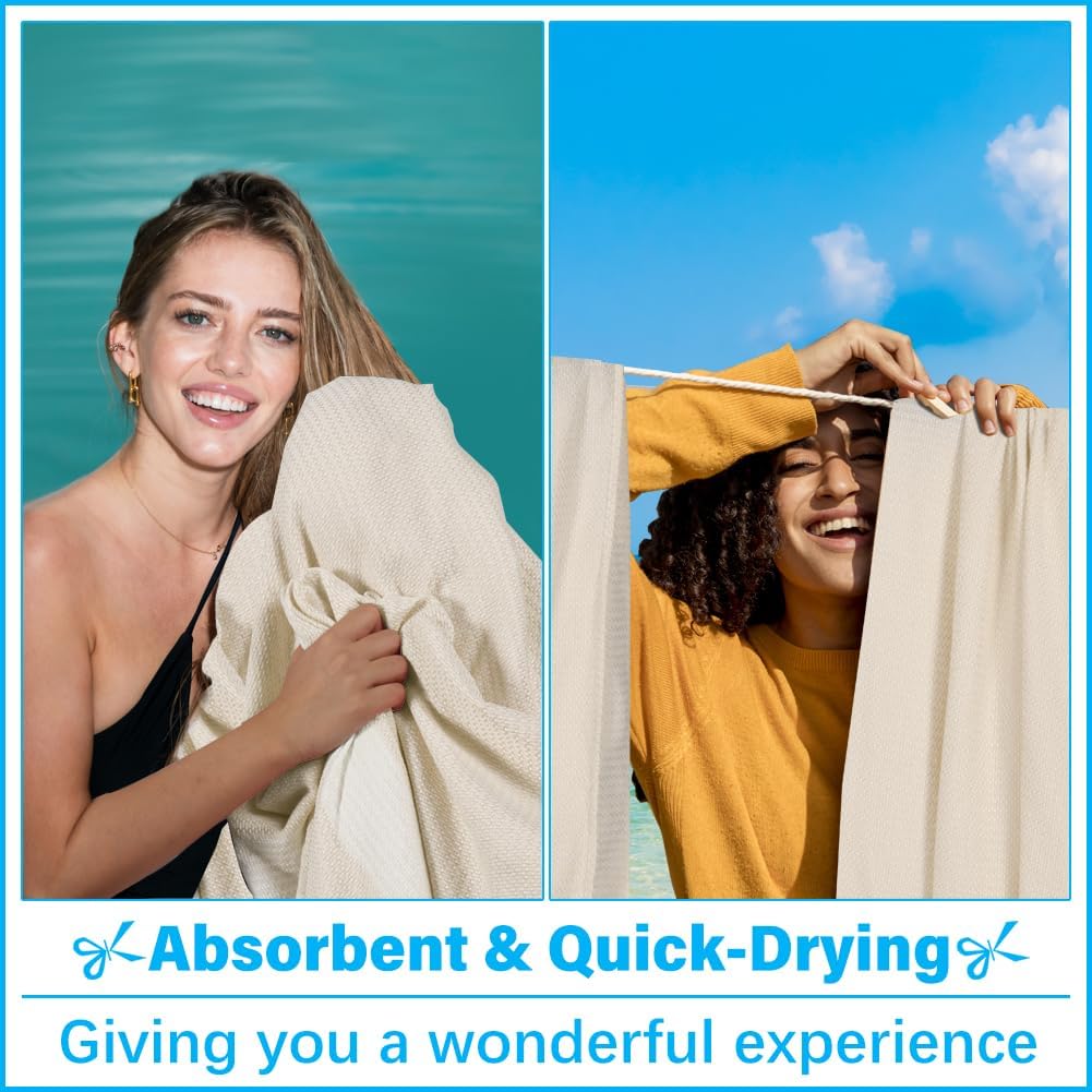 Vikumond Turkish Beach Towel Blanket Oversized 88x82 Inch Quick Dry Beige