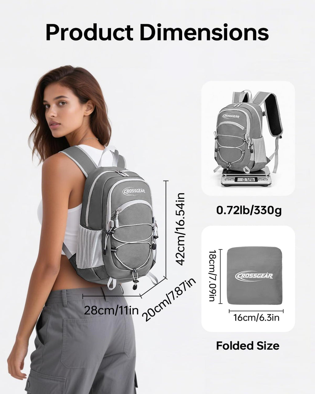 CROSSGEAR Packable Hiking Backpack, 24L RFID Lightweight Foldable Daypack, Nylon Fabric, Multiple Pocket, Water-Resistant for Men Women Travel Outdoor, Gray