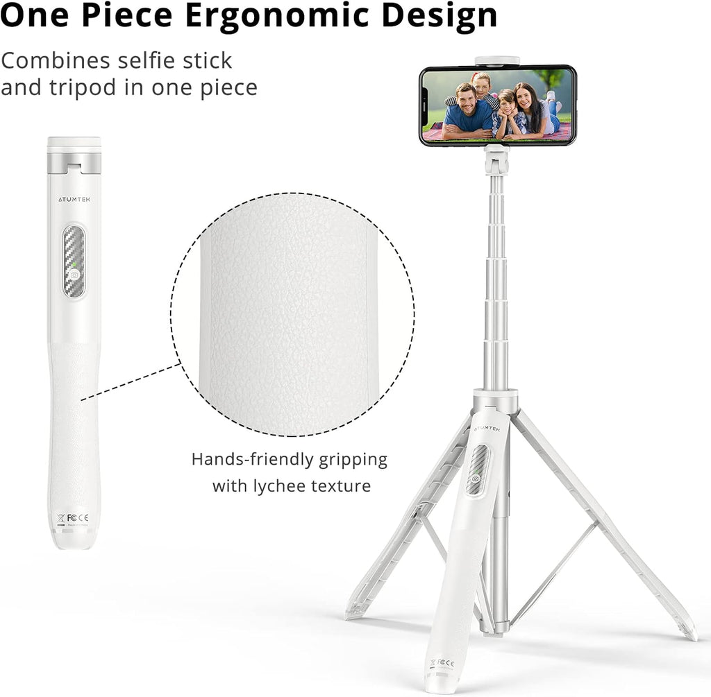 ATUMTEK 51" Selfie Stick Tripod, All in One Extendable Phone Tripod Stand with Bluetooth Remote 360° Rotation for iPhone and Android Phone Selfies, Video Recording, Vlogging, Live Streaming, White