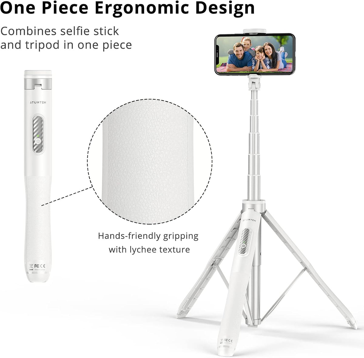 ATUMTEK 51" Selfie Stick Tripod, All in One Extendable Phone Tripod Stand with Bluetooth Remote 360° Rotation for iPhone and Android Phone Selfies, Video Recording, Vlogging, Live Streaming, White