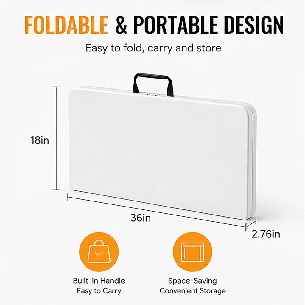Folding Table, 36in Folding Table Portable with Built-in Handle, Plastic Table with Heavy Duty Steel Legs Supports to 300lbs, Suitable for Party, Camping, Events Indoor&Outdoor Use, White