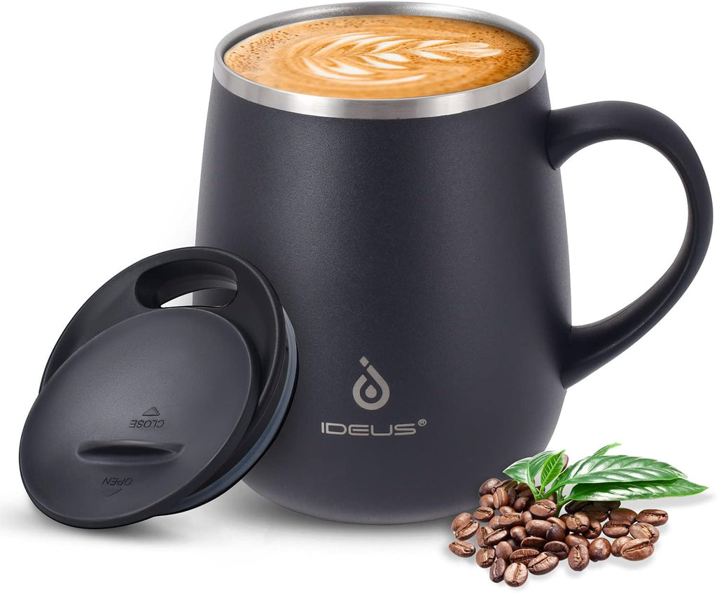 Ideus 16 oz Insulated Coffee Mug with Handle and Lid (Storm Black)