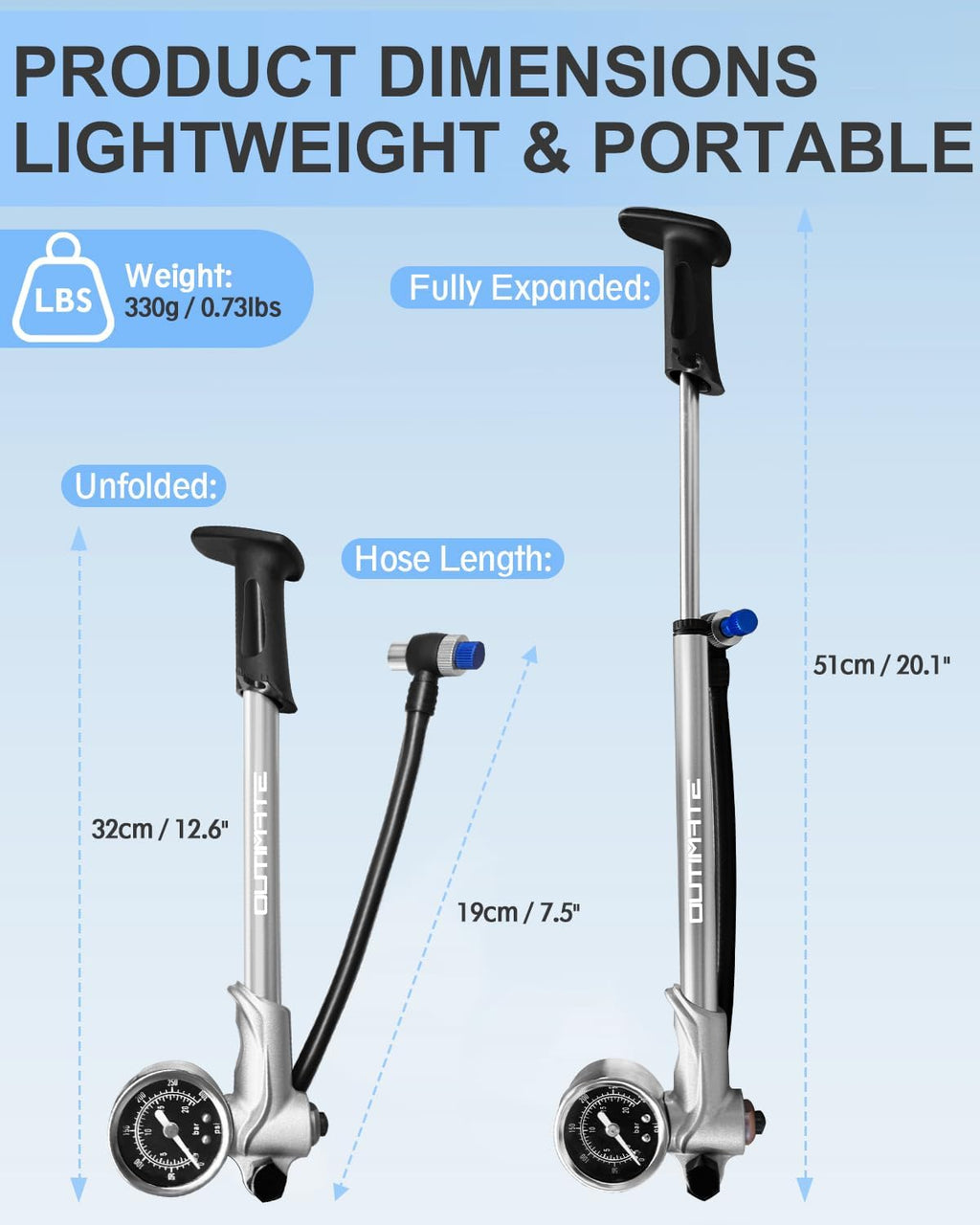 Bike Shock Pump, High Pressure 300 PSI Max Shock Pump for Mountain Bike, Bike Suspension Pump for Fork, Rear Shock with Gauge, Schrader Valve