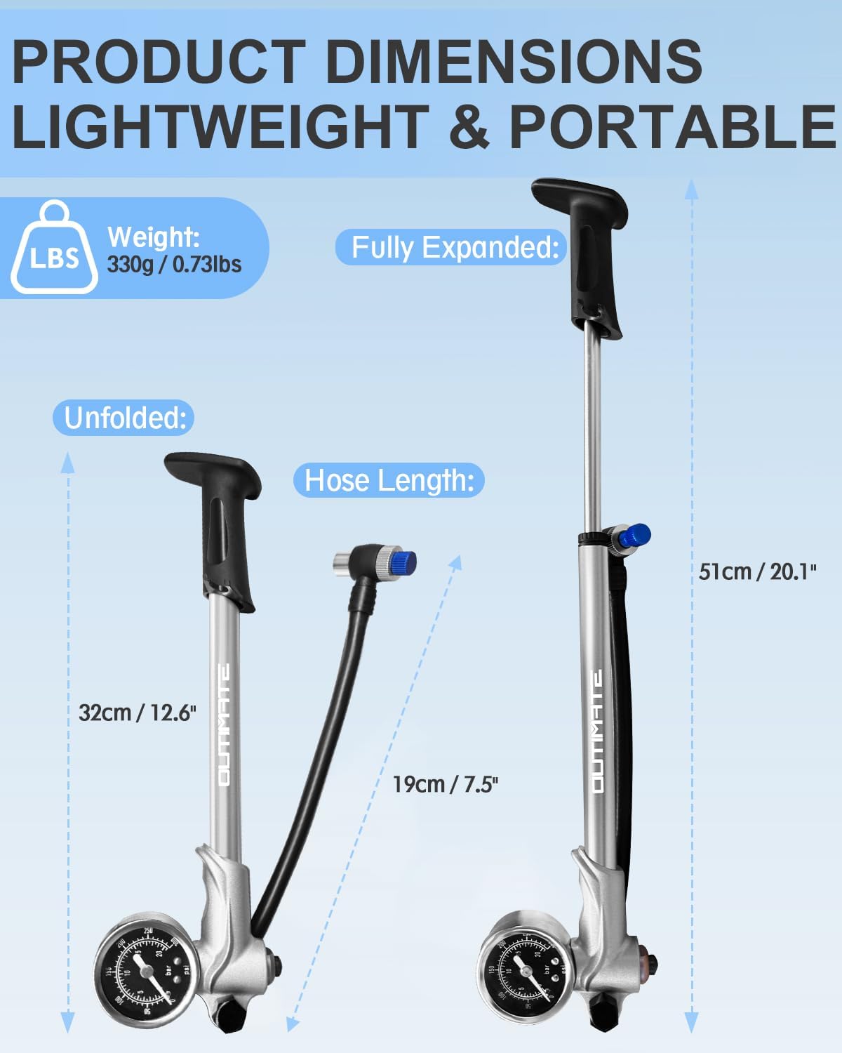 Bike Shock Pump, High Pressure 300 PSI Max Shock Pump for Mountain Bike, Bike Suspension Pump for Fork, Rear Shock with Gauge, Schrader Valve