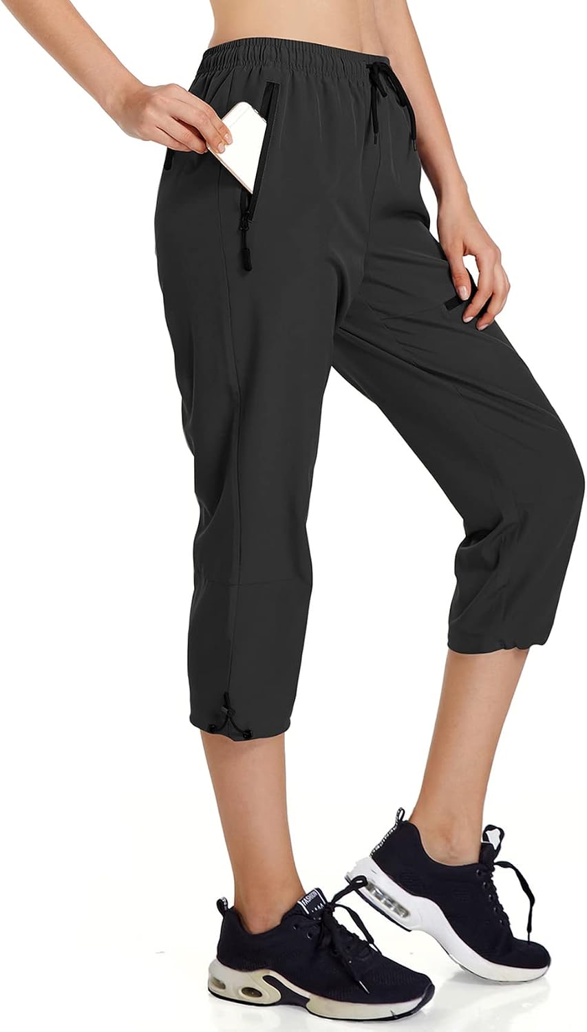 Ksmien Women's Hiking Cargo Capri Pants Quick Dry with Zipper Pockets