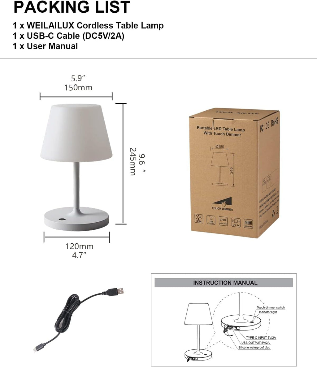 WEILAILUX Outdoor Battery Operated Table Lamp Waterproof, 4000mAh Cordless Table Lamp Rechargeable, Touch Dimmable Desk Lamp, LED Night Light for Patio Camping Restaurant Home, H9.6in, White