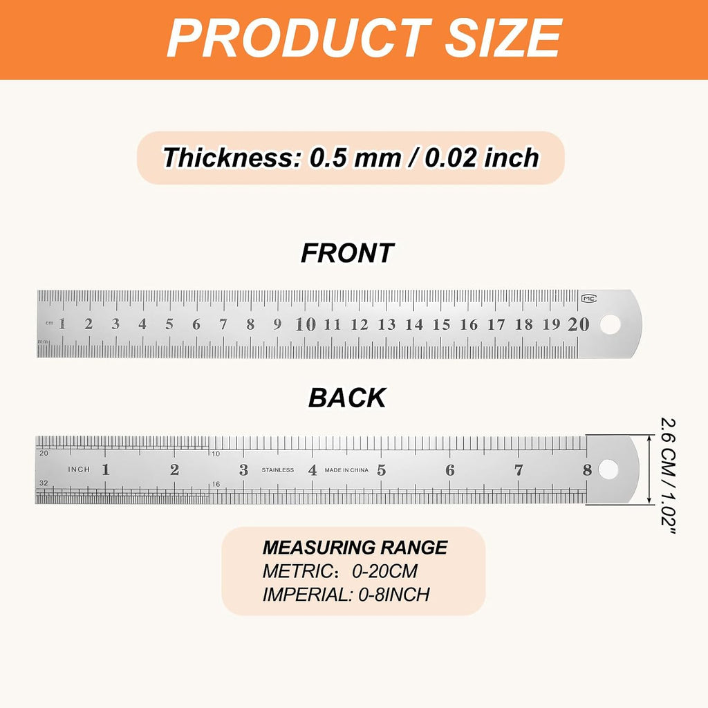 HARFINGTON 12 Pcs Steel Ruler 8" x1-1/32 Machinist Metal Ruler Carbon Steel Metric Straight Edge Measuring Tools 0.4mm Thick for Engineering Architect Drawing Home Office