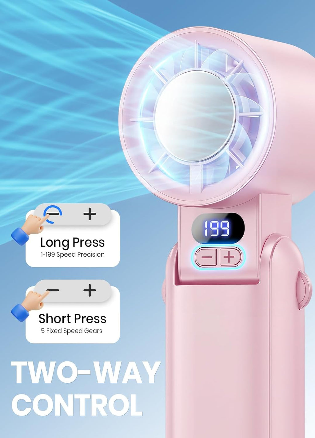 Portable Handheld Turbo Fan, 1-199 Speed Adjustable, Pink